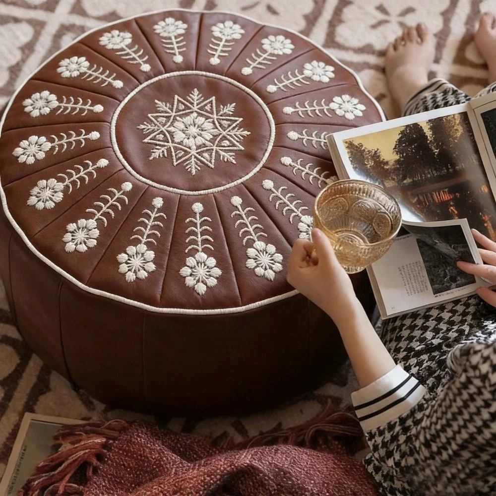 NWT Round Faux Leather Pouf Cover Ottoman Cover Brown 21in Storage Pouf